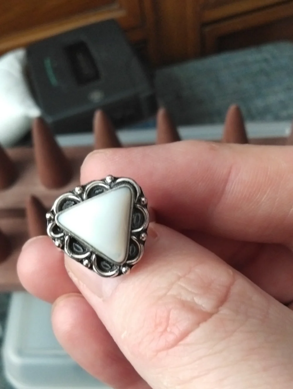 White Agate Triangle Stone Silver Ring
